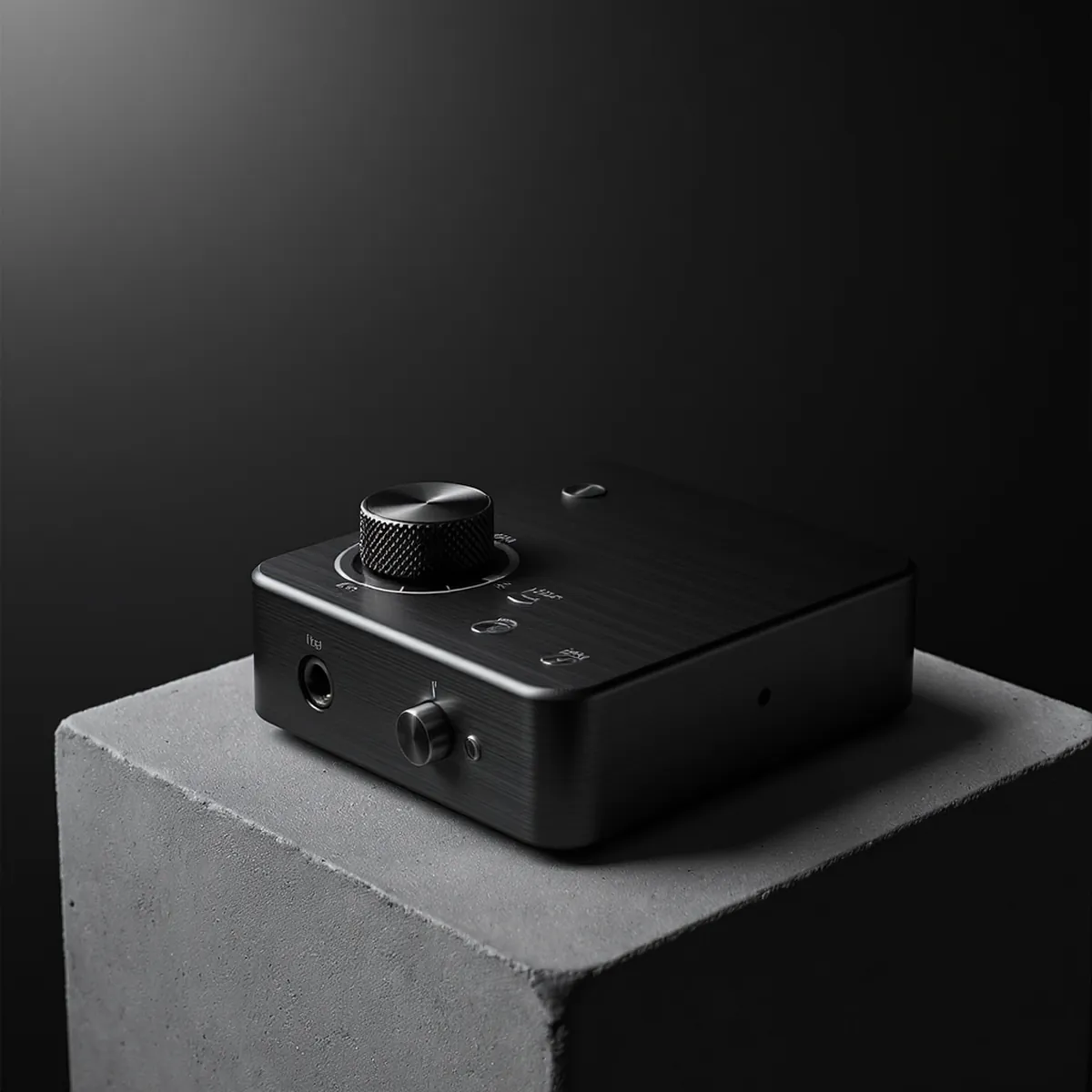 A desktop audio interface seen from above on a concrete plinth.