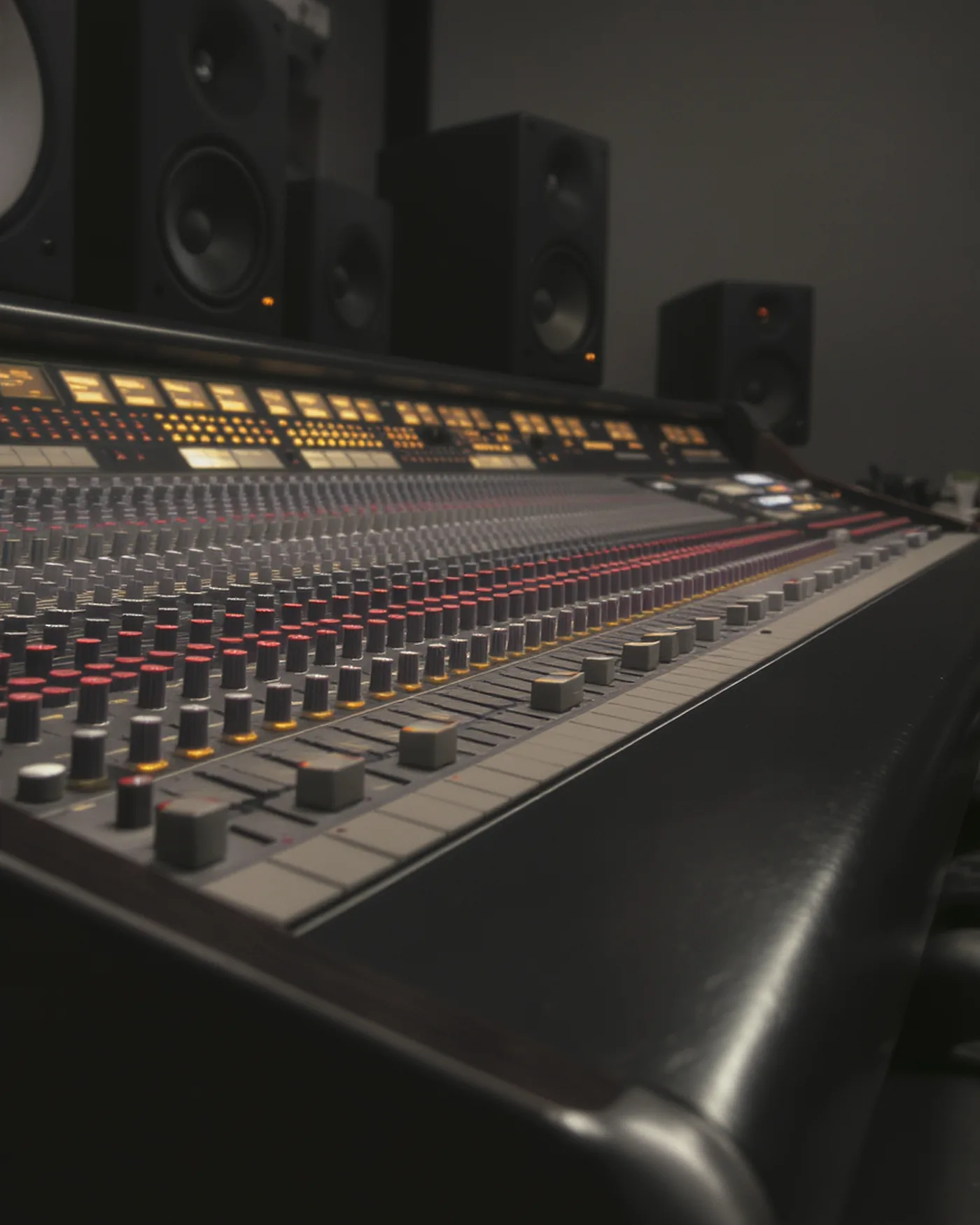 Large-format analogue console in the control room, faders and red rotaries, monitors behind.